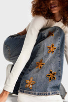 Fashionable high-waist Langry denim trousers with orange-yellow floral embroidered jacket