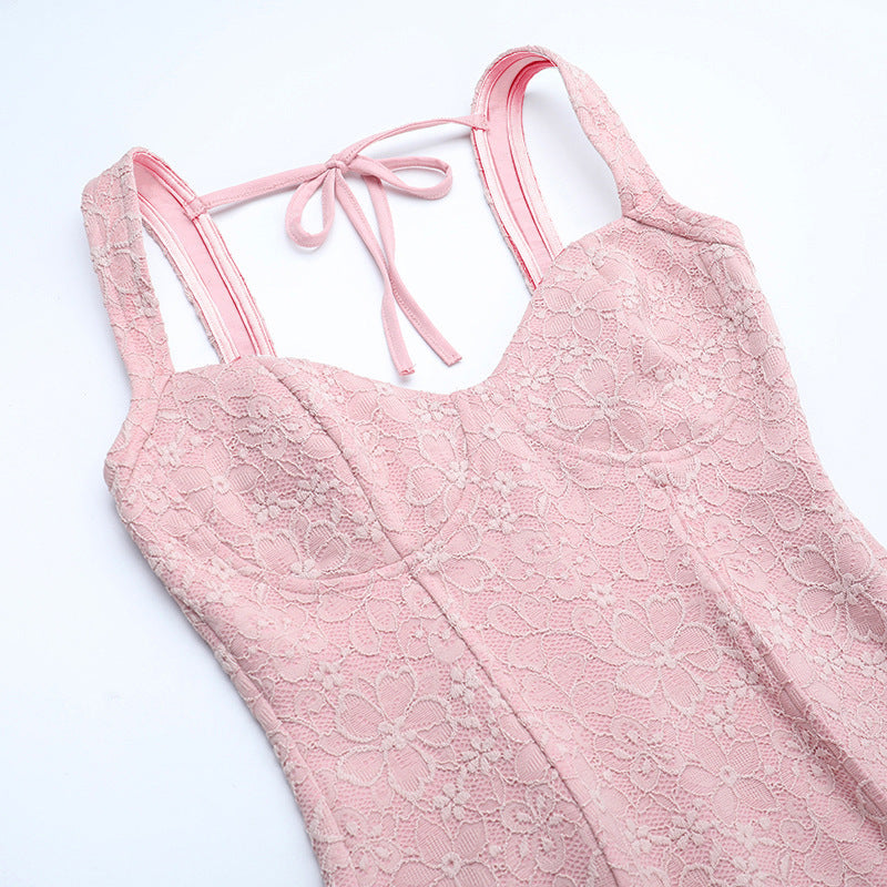 Elegant langry pink lace camisole in fashion jumpsuit with bow detail