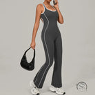 Charcoal gray Beauty Back Yoga Jumpsuit with white piping and red accents in langry fashion