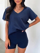 Navy blue v-neck t-shirt and shorts loungewear set from Comfy Daily Set fashion ملابس