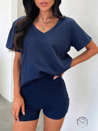 Navy blue v-neck comfy daily set loungewear with t-shirt and shorts