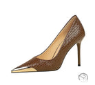 Brown textured stiletto heel with gold toe cap in Langry fashion