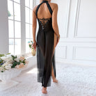 Elegant Langry black sheer maxi nightdress with cutout back and high side slit