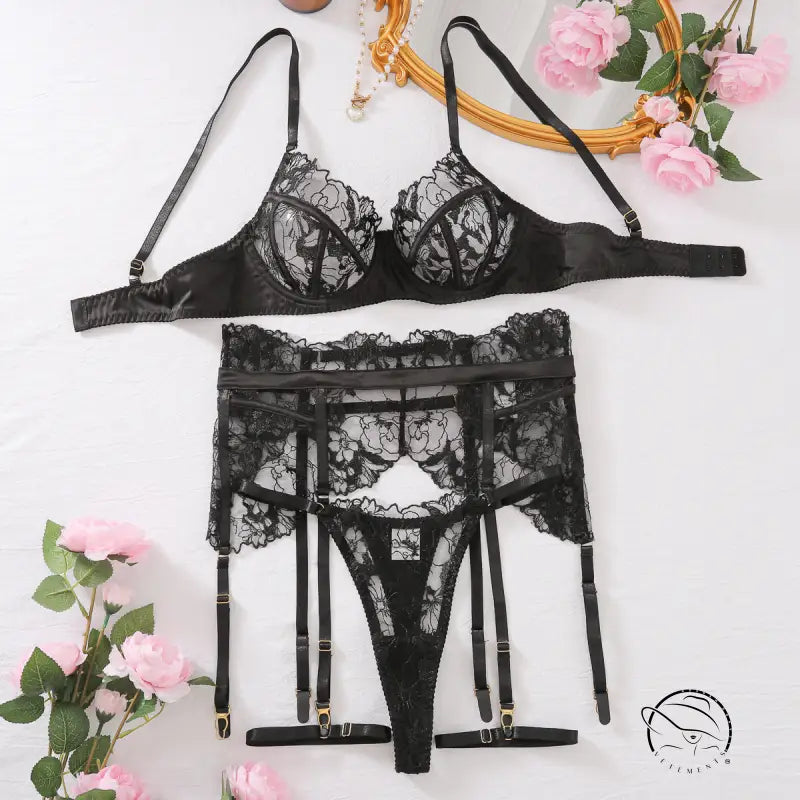 Black lace embroidery lingerie set with steel ring push-up, sheer cutout