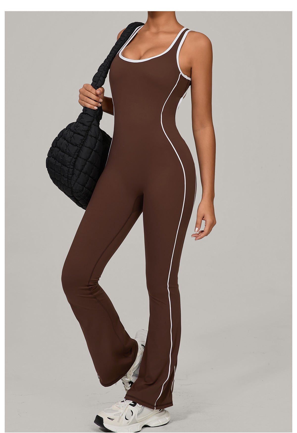 Lululemon Beauty Back Yoga Jumpsuit in brown white stripes with black drawstring waistband, langry fashion ملابس