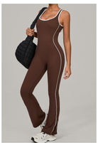 Lululemon Beauty Back Yoga Jumpsuit in brown white stripes with black drawstring waistband, langry fashion ملابس