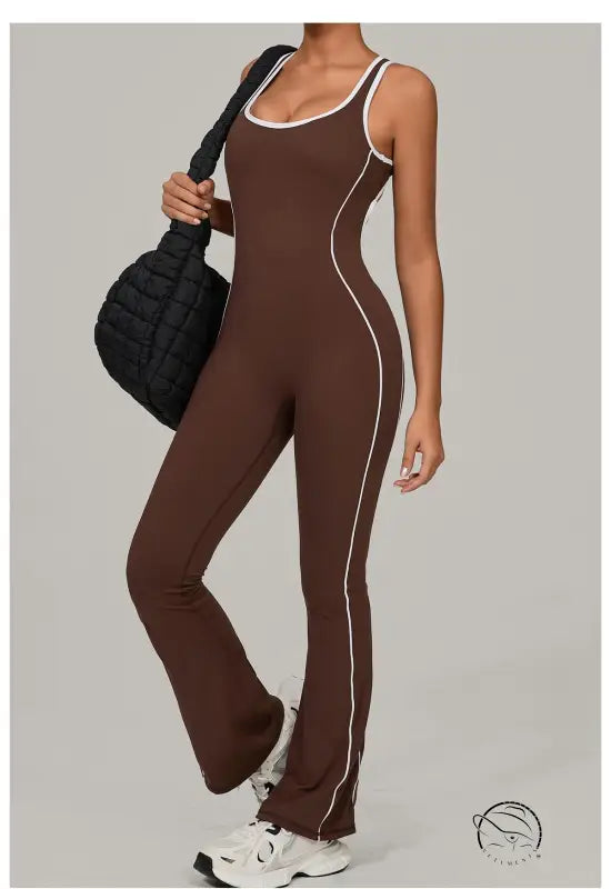 Lululemon Beauty Back Yoga Jumpsuit in brown and white striped fashion