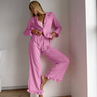 Langry casual loose comfortable cardigan pajamas in pink with ruffles