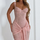 Elegant pink lace Langry fashion jumpsuit with waist knot detail
