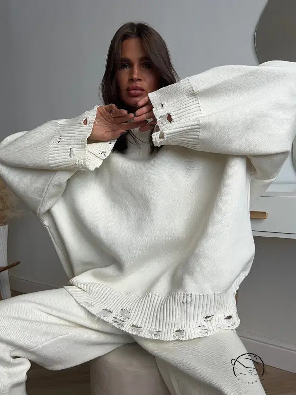 Winter Knitted Ankle Tight Pants Turtleneck Sweater Set