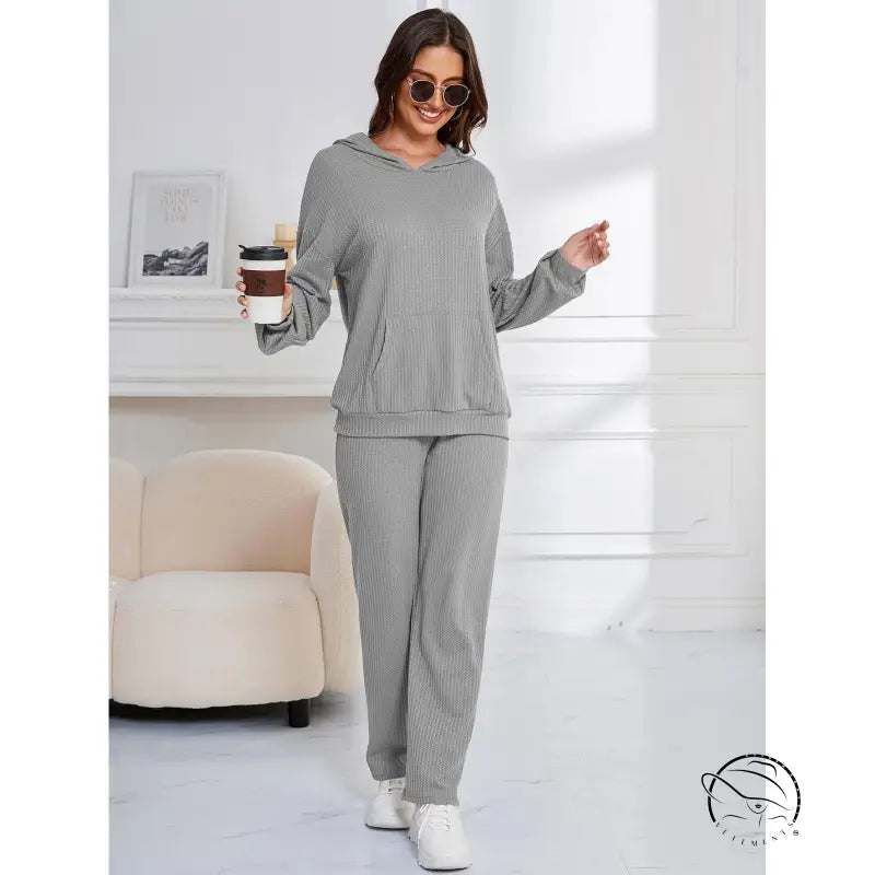 Gray ribbed knit hooded casual suit lounge set for women