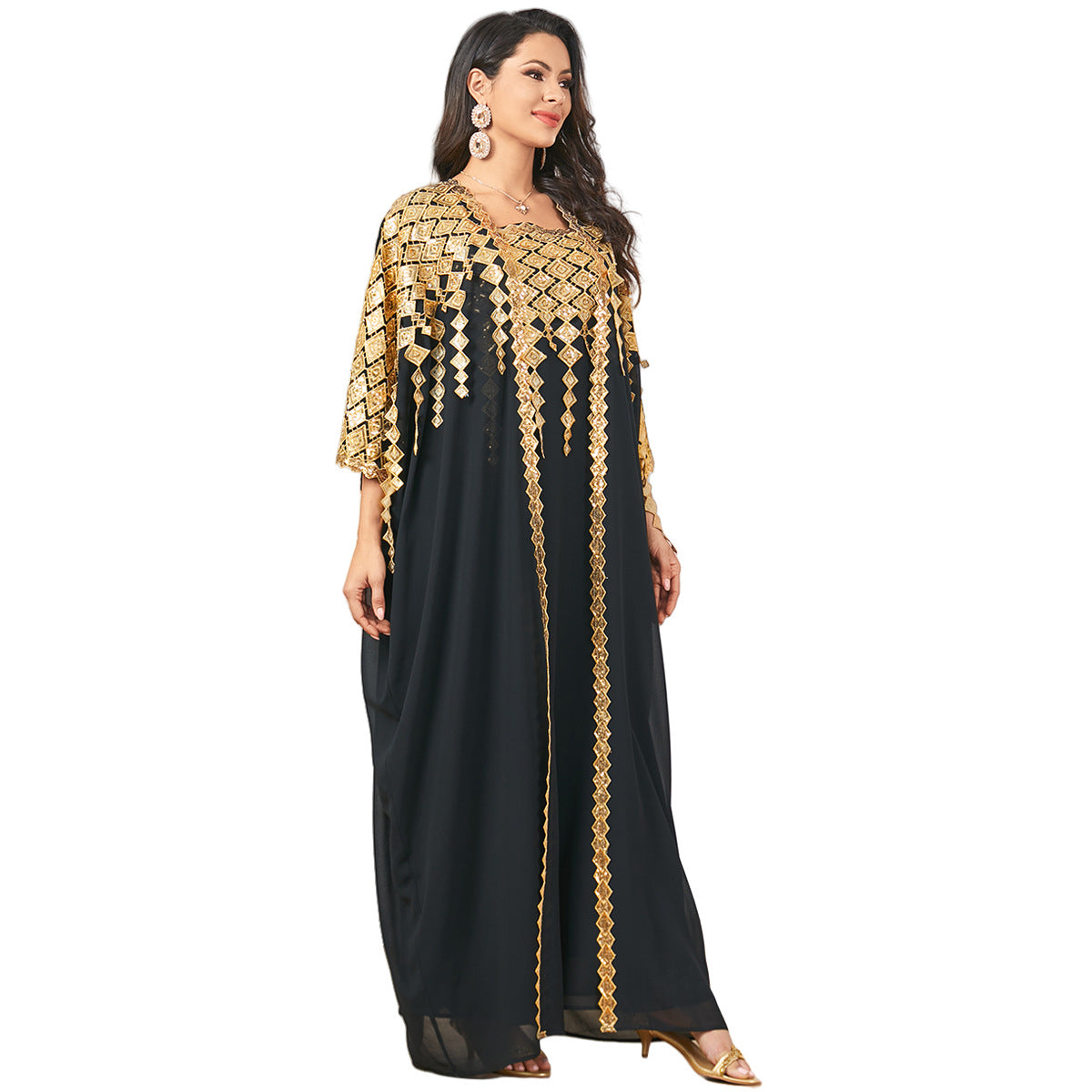 Elegant black and gold langry fashion kaftan dress with geometric patterns
