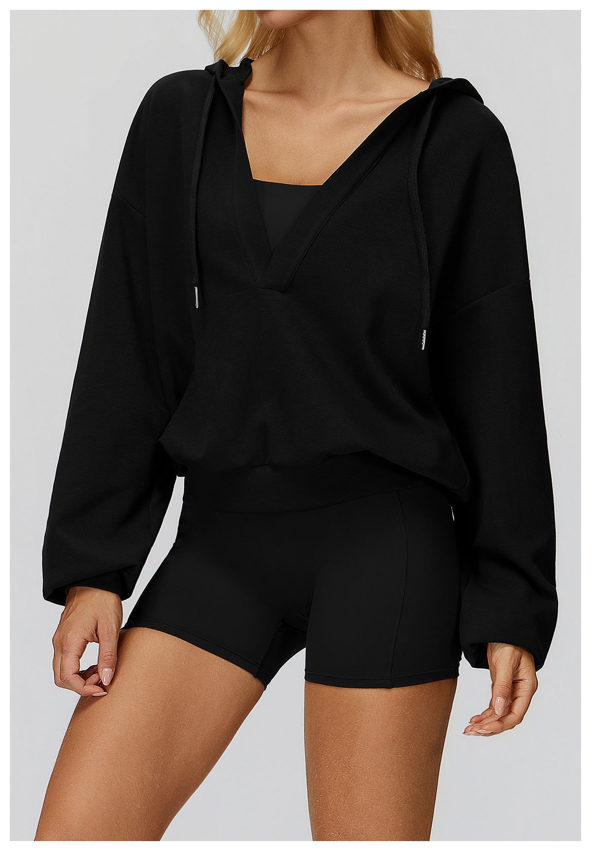 Langry loose comfortable exercise coat: black hoodie with drawstring, pocket, cotton-polyester blend