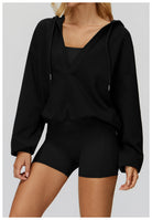 Langry loose comfortable exercise coat: black hoodie with drawstring, pocket, cotton-polyester blend