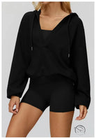 Langry loose comfortable exercise coat: black hoodie with drawstring and pocket in cotton-polyester blend