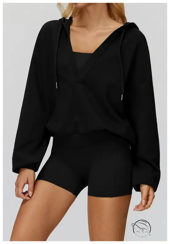 Langry loose comfortable exercise coat: black hoodie with drawstring and pocket in cotton-polyester blend