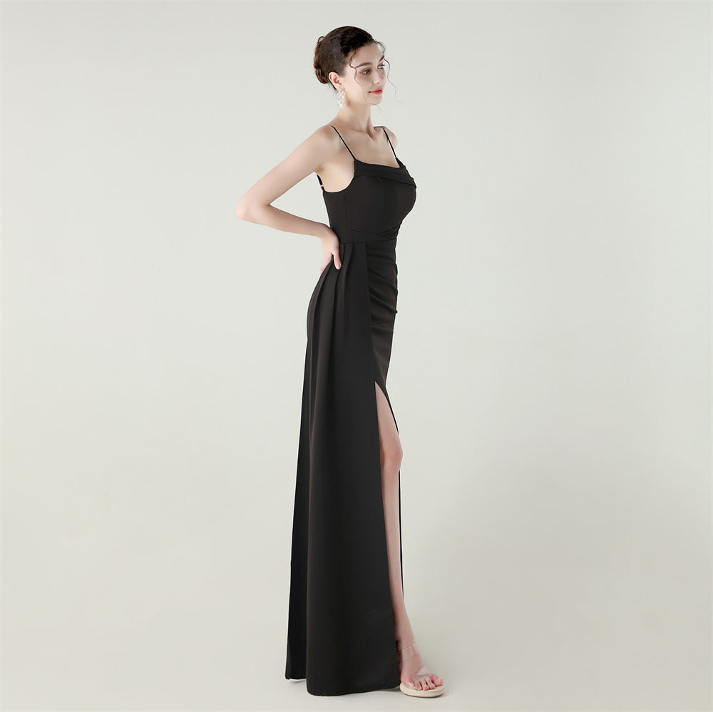 Elegant langry fashion maxi dress with high slit and spaghetti straps