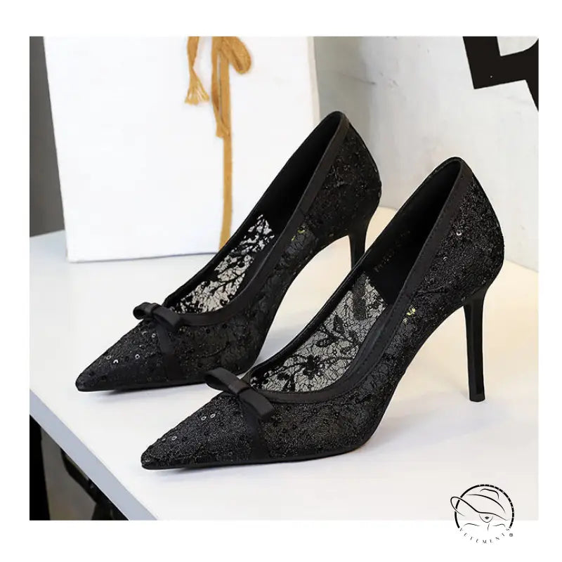 Cocktail High Heel Women Shoes Bow Sequined Lace Mesh Pointed Shallow Mouth Stiletto