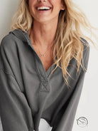 Cozy loose hooded sweatshirt in gray with decorative neckline stitching, langry fashion ملابس