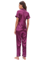 Purple Langry Satin Pajama Set with Piping and Button Front