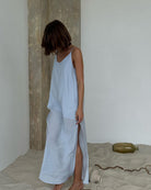 Light blue langry fashion linen slip dress with side slit