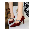 Elegant red velvet Langry high-heeled fashion shoes with rhinestone bow accents
