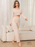Woman in beige knit lounge set, winter casual two piece pajamas
