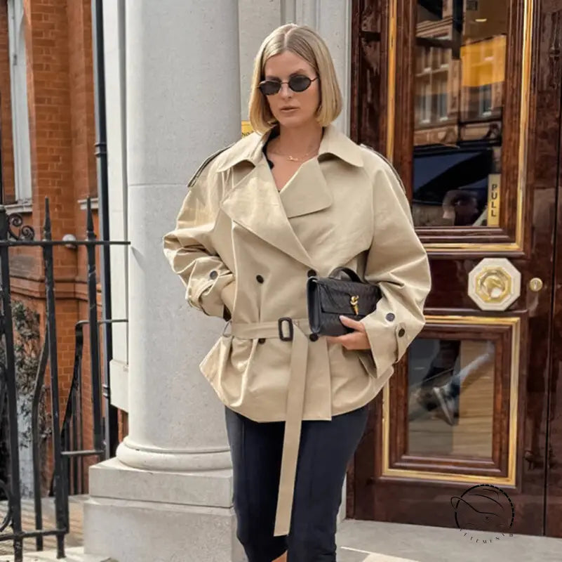 Beige double-breasted trench coat with belt, British langry fashion style