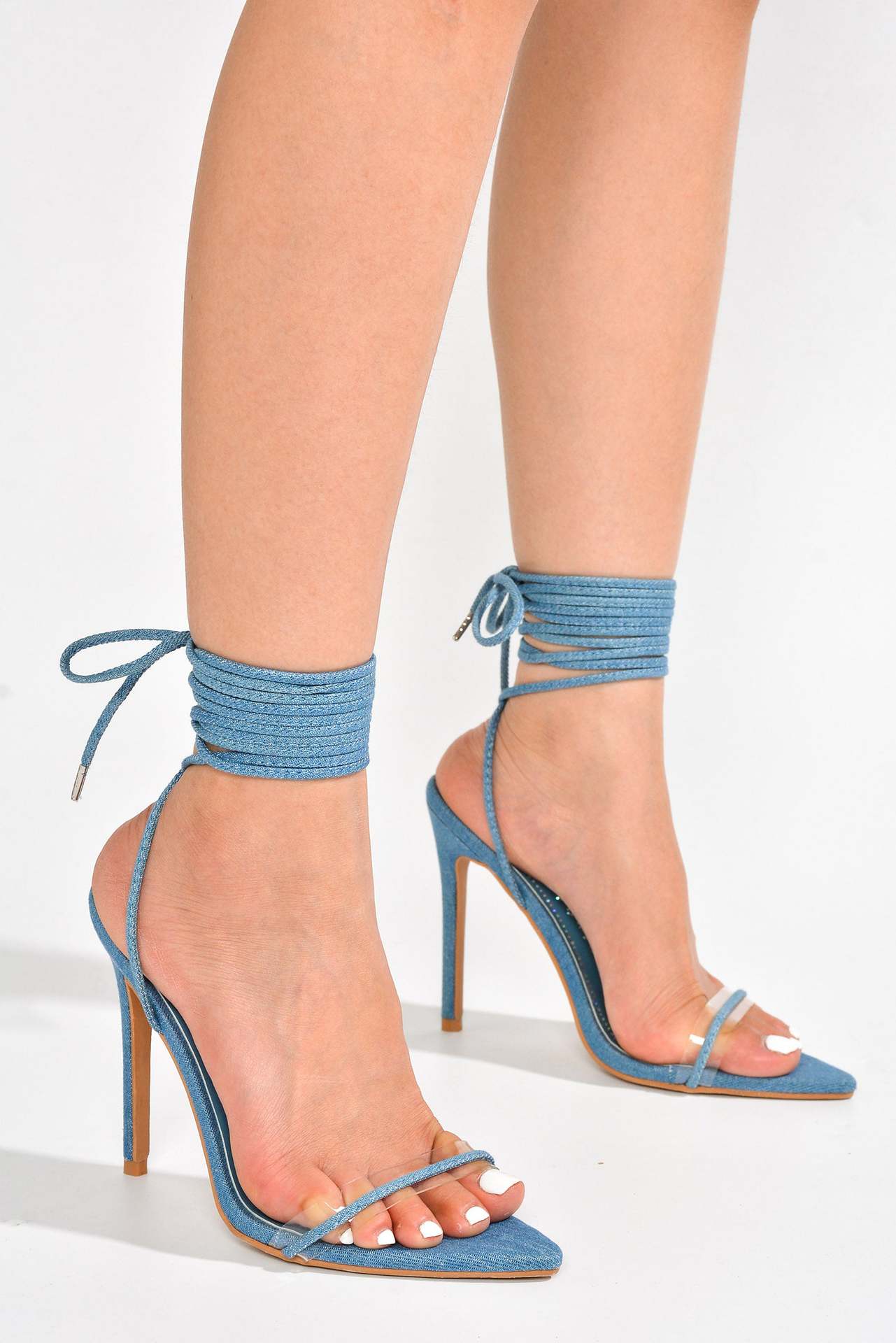 Denim lace-up stiletto heels from Ankle Strap Stiletto Heels collection for fashionable style