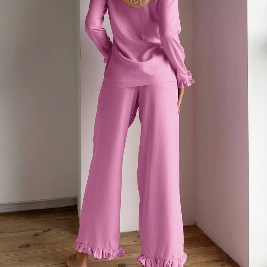 Soft lavender satin Langry fashion pajamas with ruffles and loose cardigan style