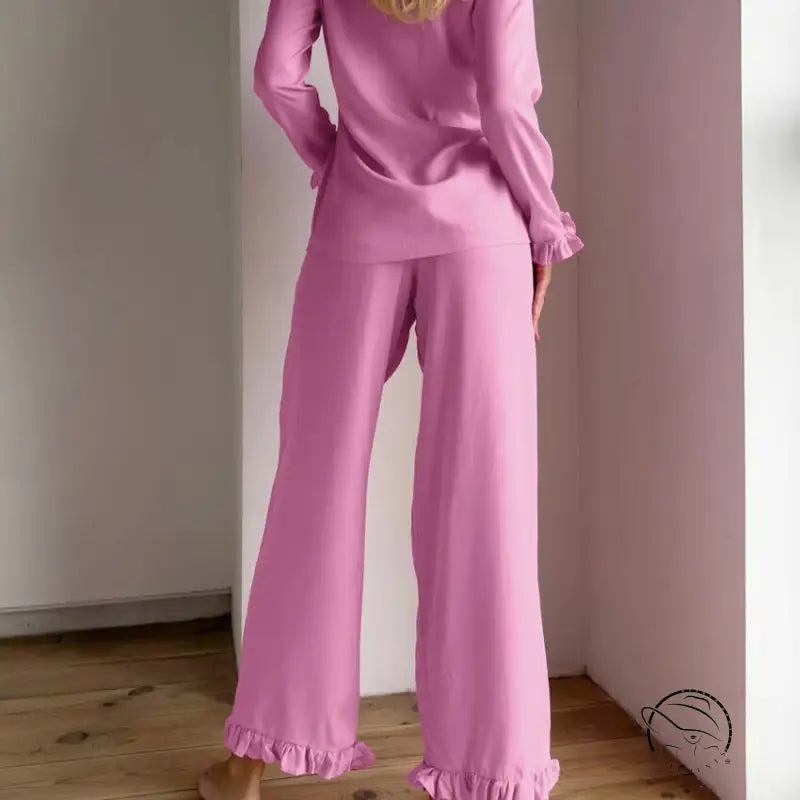 Casual loose lavender langry satin pajamas with ruffles, fashion ملابس
