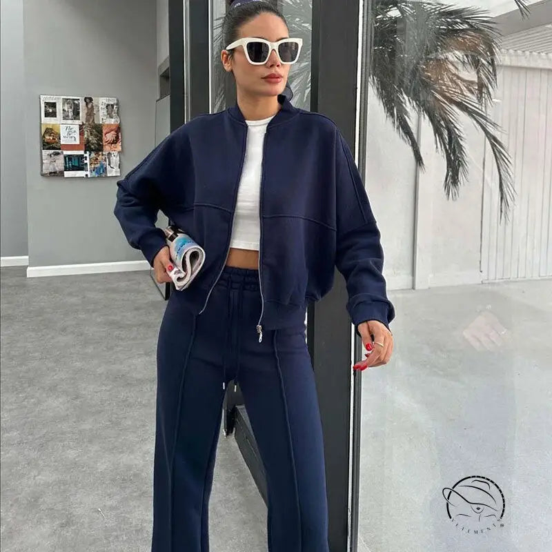 Winter Fur Zipper Cardigan Casual Straight Pants Two Piece Sets