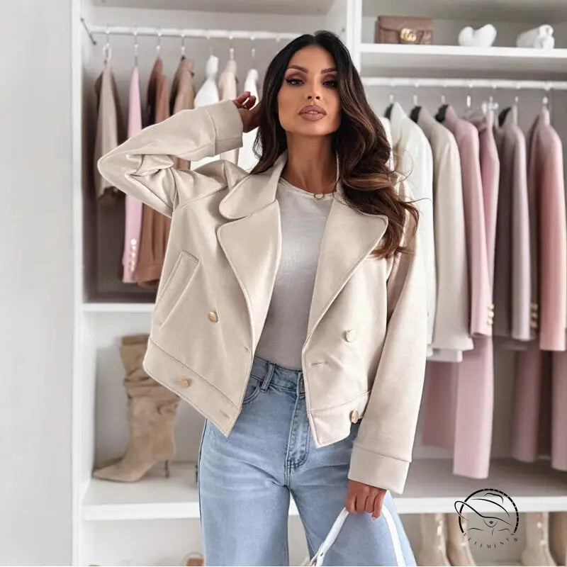 Langry fashion slim collared button suede short coat in cream double-breasted style