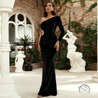Elegant one-shoulder black velvet evening gown in langry fashion ملابس