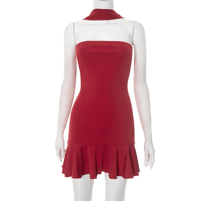Graceful langry fashion red sleeveless dress with ruffled hem