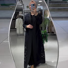 Black floral embroidered abaya trench coat with hijab in Langry fashion