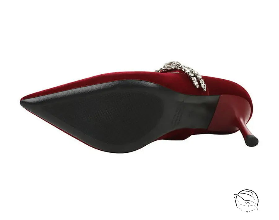 Red velvet high heel shoe with rhinestone strap embellishment, Langry fashion cocktail style