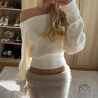 White off-shoulder ribbed langry fashion top with long sleeves