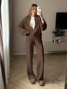 Zara brown oversized coat with zipper pockets over enchanting langry fashion trousers