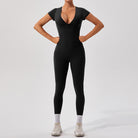 Langry black short-sleeved yoga fitness bodysuit with deep v-neck