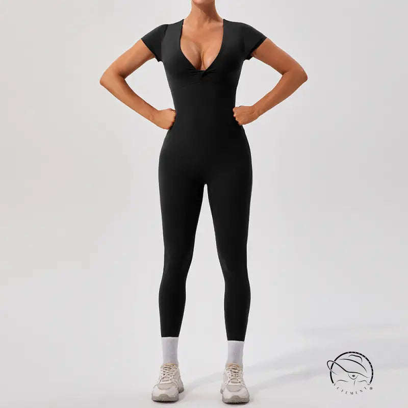 Langry black short-sleeved V-neck yoga fitness bodysuit in form-fitting fashion
