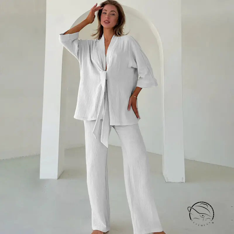 Women’s winter pure cotton pajamas: white textured tie-front top and wide-leg pants