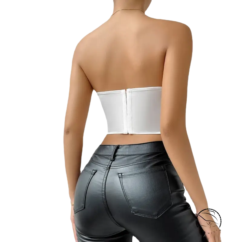 White Vectoria boning corset with strapless top and black leather pants