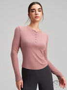 Soft pink ribbed langry fashion henley top for yoga