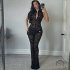 Black lace langry fashion jumpsuit with plunging neckline and bell-bottoms