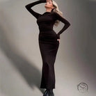 Elegant long-sleeved black turtleneck fishtail maxi dress in langry fashion ملابس