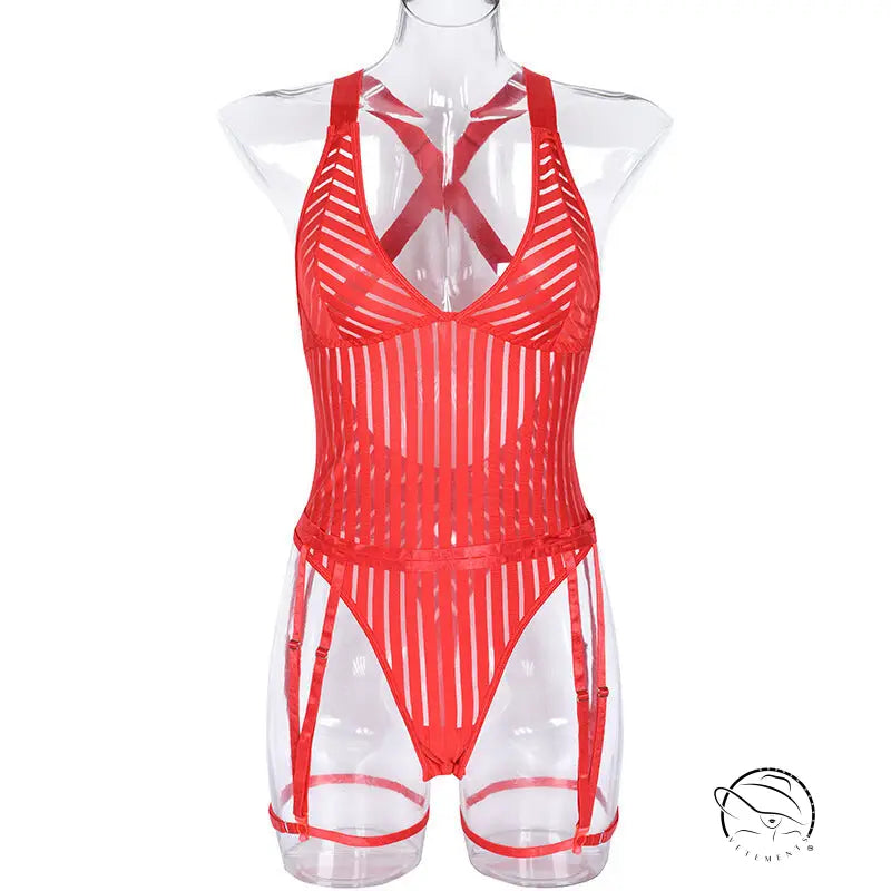Hollow out Cutout Striped Cross Strap one Piece Lingerie Suit