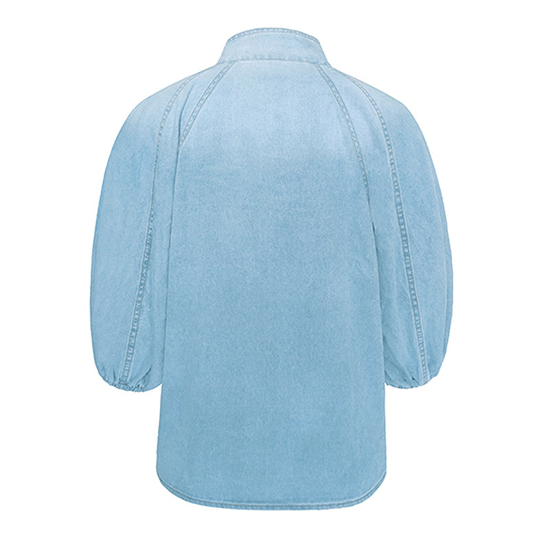 Light blue denim blouse displayed in Casual Top Denim, perfect for langry fashion and ملابس