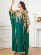 Green and gold langry fashion kaftan dress in flowing two-piece suit design