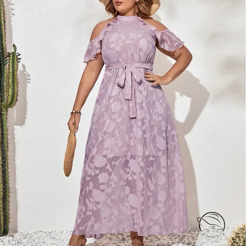 Langry fashion plus-size cold-shoulder maxi dress in light purple with floral jacquard